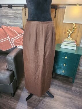Brown Midi Skirt - Women's Straight Linen-Blend Skirt